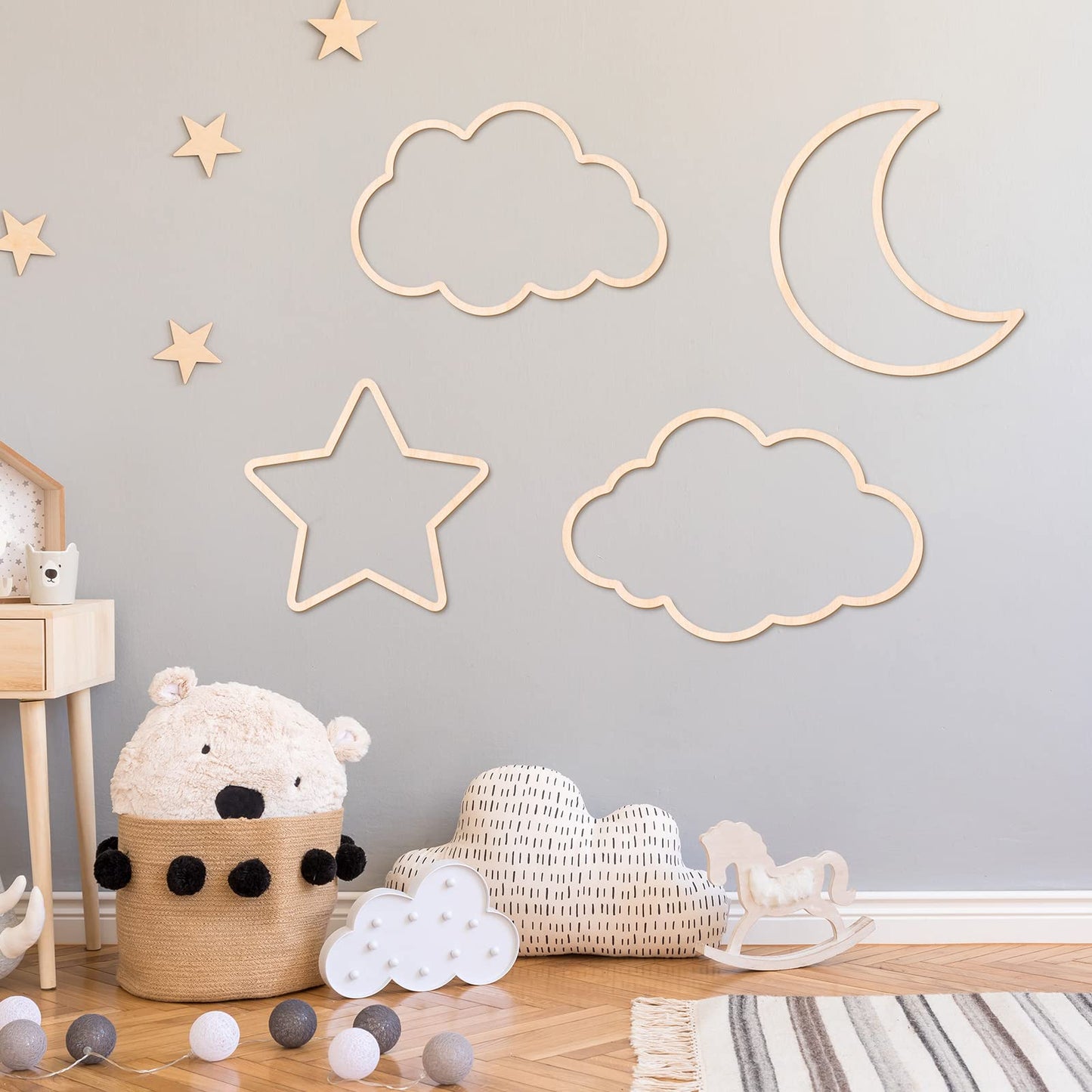 Kathfly4 Pieces Boho Nursery Cloud Star Wall Decor Wooden Babyroom Moon Rattan Wall Decor Wooden Rainbow for Children Baby Kids Boys Girls Bedroom Nursery Pendant(Cloud Moon Star)