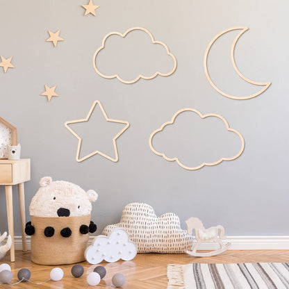 Kathfly4 Pieces Boho Nursery Cloud Star Wall Decor Wooden Babyroom Moon Rattan Wall Decor Wooden Rainbow for Children Baby Kids Boys Girls Bedroom Nursery Pendant(Cloud Moon Star)