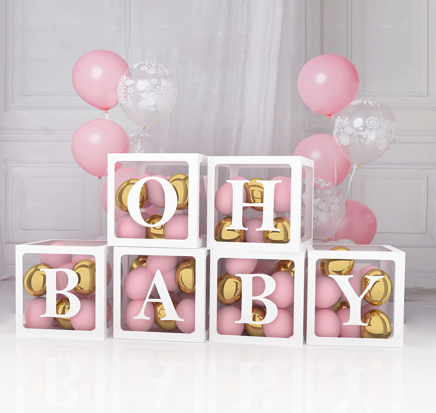 Baby Shower Decorations for Girl and Boy - 6 Clear Boxes with OH and BABY Stickers - Gender Reveal Transparent Box for Balloons, Birthday, Bridal Shower And Wedding Decorations