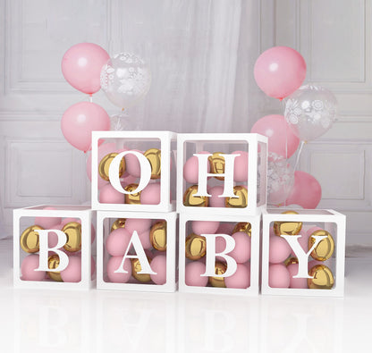 Baby Shower Decorations for Girl and Boy - 6 Clear Boxes with OH and BABY Stickers - Gender Reveal Transparent Box for Balloons, Birthday, Bridal Shower And Wedding Decorations