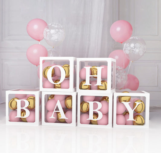 Baby Shower Decorations for Girl and Boy - 6 Clear Boxes with OH and BABY Stickers - Gender Reveal Transparent Box for Balloons, Birthday, Bridal Shower And Wedding Decorations