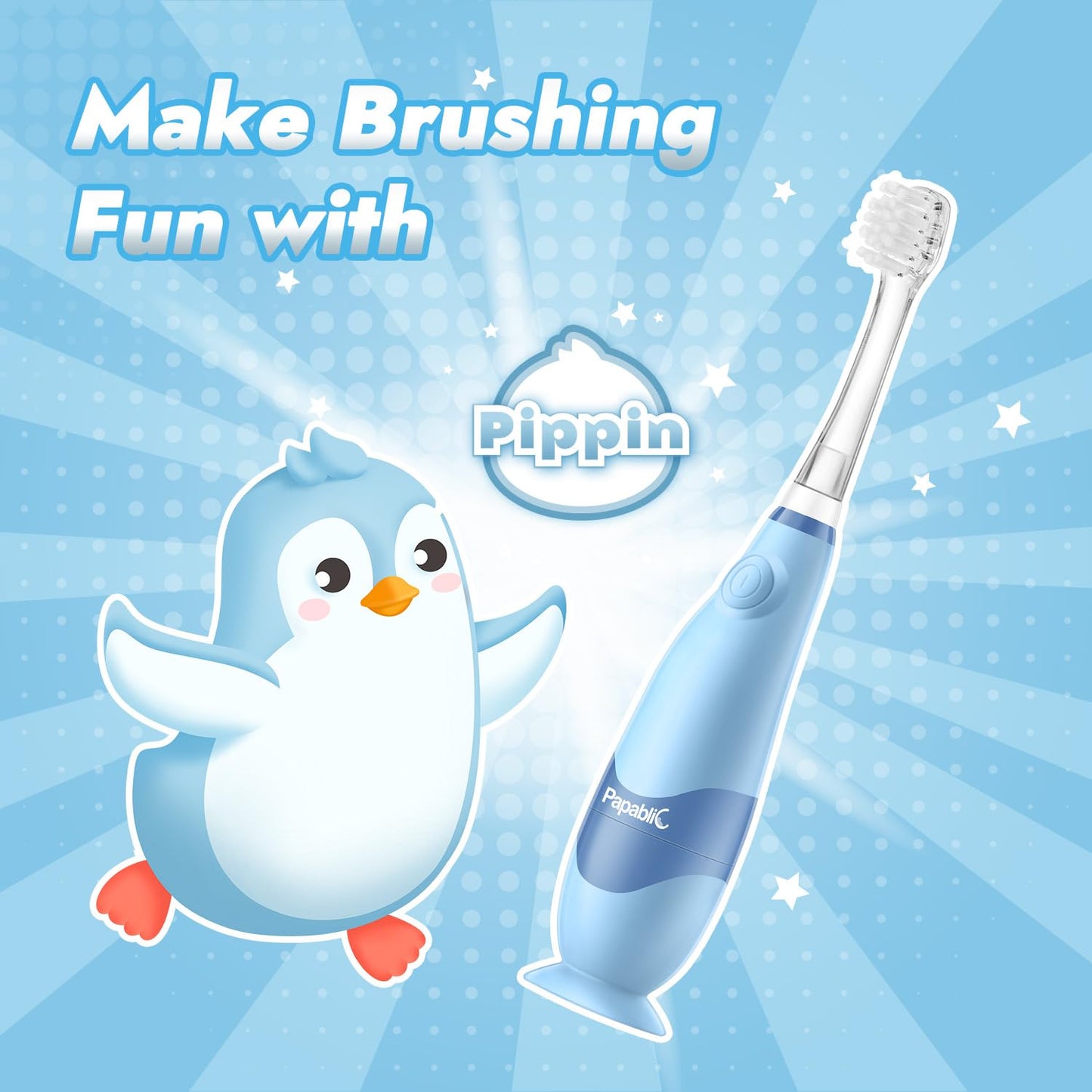 Papablic Toddler Sonic Electric Kids Toothbrush for Ages 1-3 Years, Baby Electric Toothbrush with Cute Penguin Cover and Smart LED Timer, 2 Brush Heads (Pippin)
