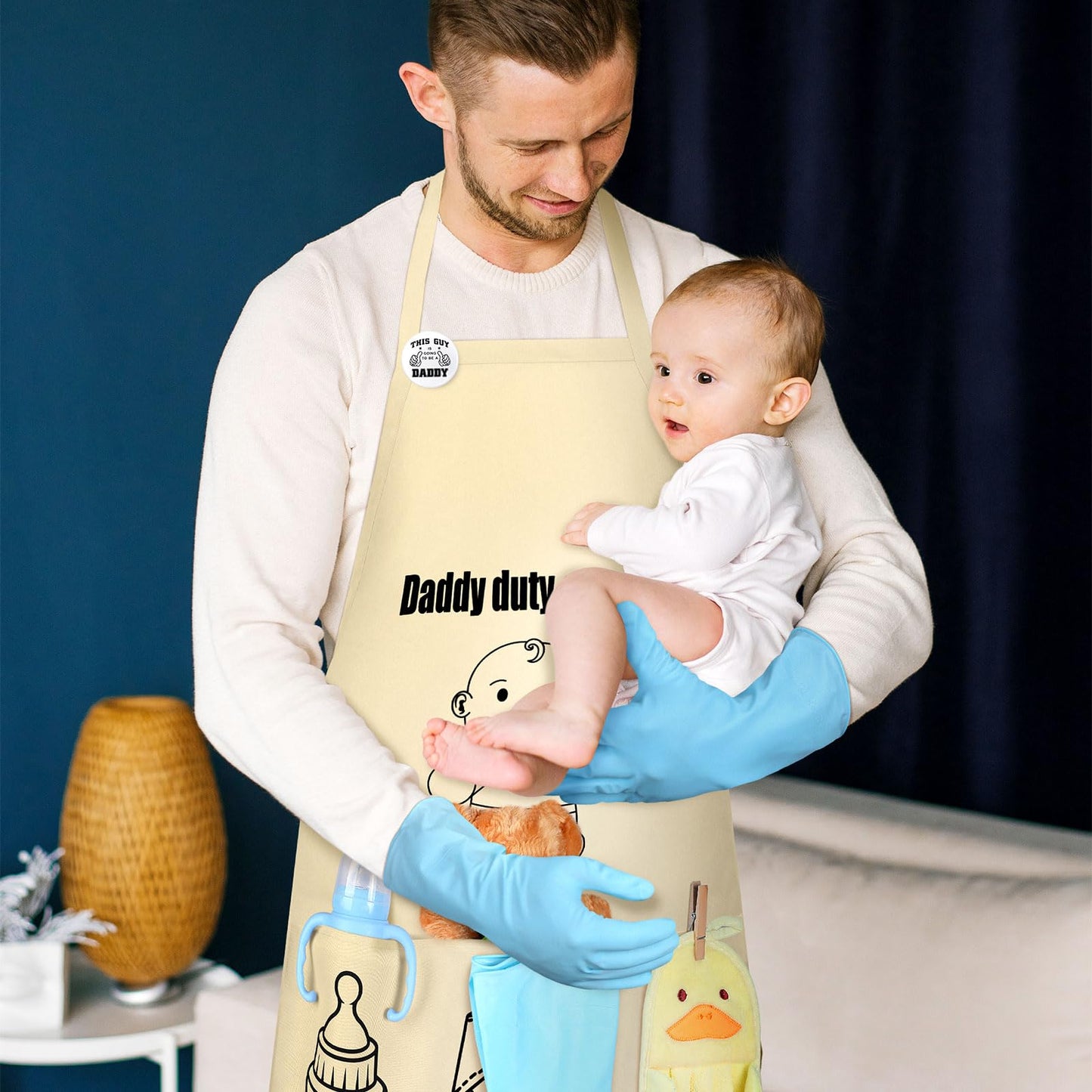 7 Pcs Daddy Duty Apron Diaper Duty Apron New Dad Gifts for Baby Shower Gender Reveal First Time New Dad Gifts (Black,Classic)