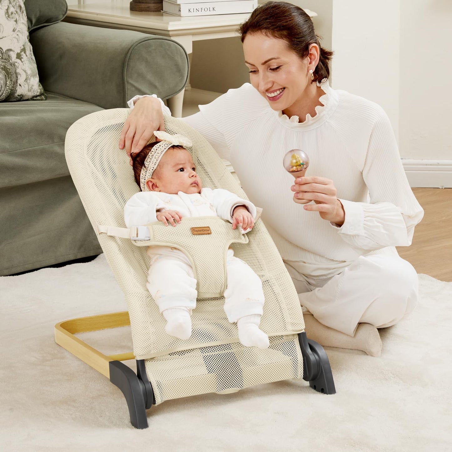 Foldable Baby Bouncer, Baby Seat with 3 Adjustable Heights, Portable Newborn Rocker, Ergonomic Bouncy Seat for Natural Bounce, Bouncer for Babies 0-6 Months, Soft Cotton (Beige)