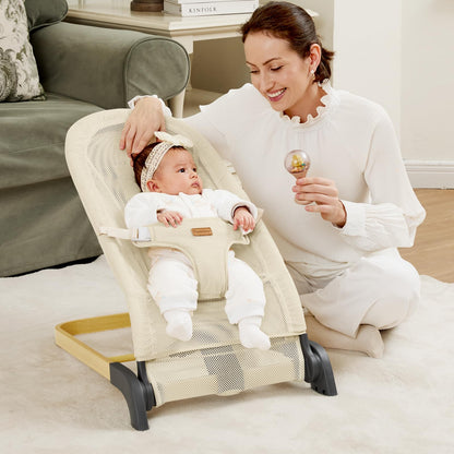 Foldable Baby Bouncer, Baby Seat with 3 Adjustable Heights, Portable Newborn Rocker, Ergonomic Bouncy Seat for Natural Bounce, Bouncer for Babies 0-6 Months, Soft Cotton (Beige)