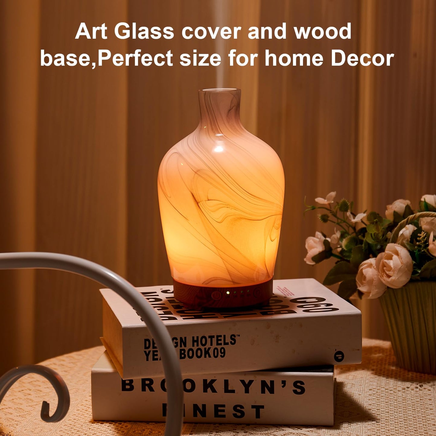 Essential Oil Diffuser Hand Blown Glass Aromatherapy Diffuser - Ultrasonic Cool Mist Scent Aroma Diffuser, Whisper Quiet with Auto Shut-Off, Timer Setting &7 Colors Night Light for Home