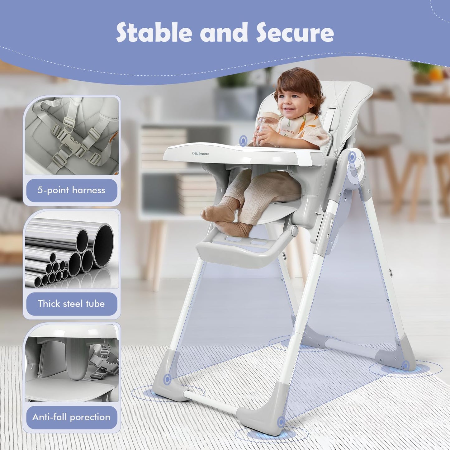 4 in 1 High Chairs for Babies and Toddlers, Convertible Foldable Baby High Chairs, Feeding and Eating Seat Highchair with 4 Levels of Recline and 7 Levels of Height Adjustment, Gray
