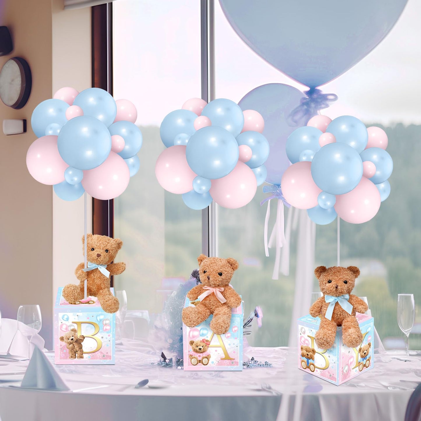 Lenwen 6 Sets Pink Bear Decorations for Baby Shower, Baby Letter Boxes Baby Shower Table Centerpieces Bear Stuffed Animals Balloon with Stand Bear Plush Toy Baby Boxes for Birthday Party Wedding