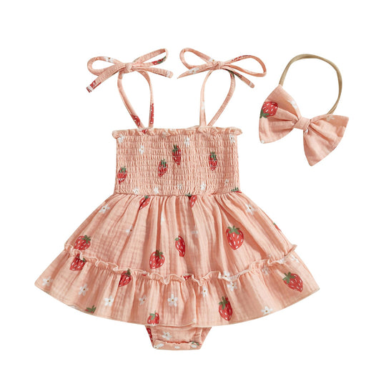 Newborn Baby Girl Romper Dress Sleeveless Tie Up Strap Smocked Strawberry Floral Print Bodysuit Summer Outfit Cotton Clothes