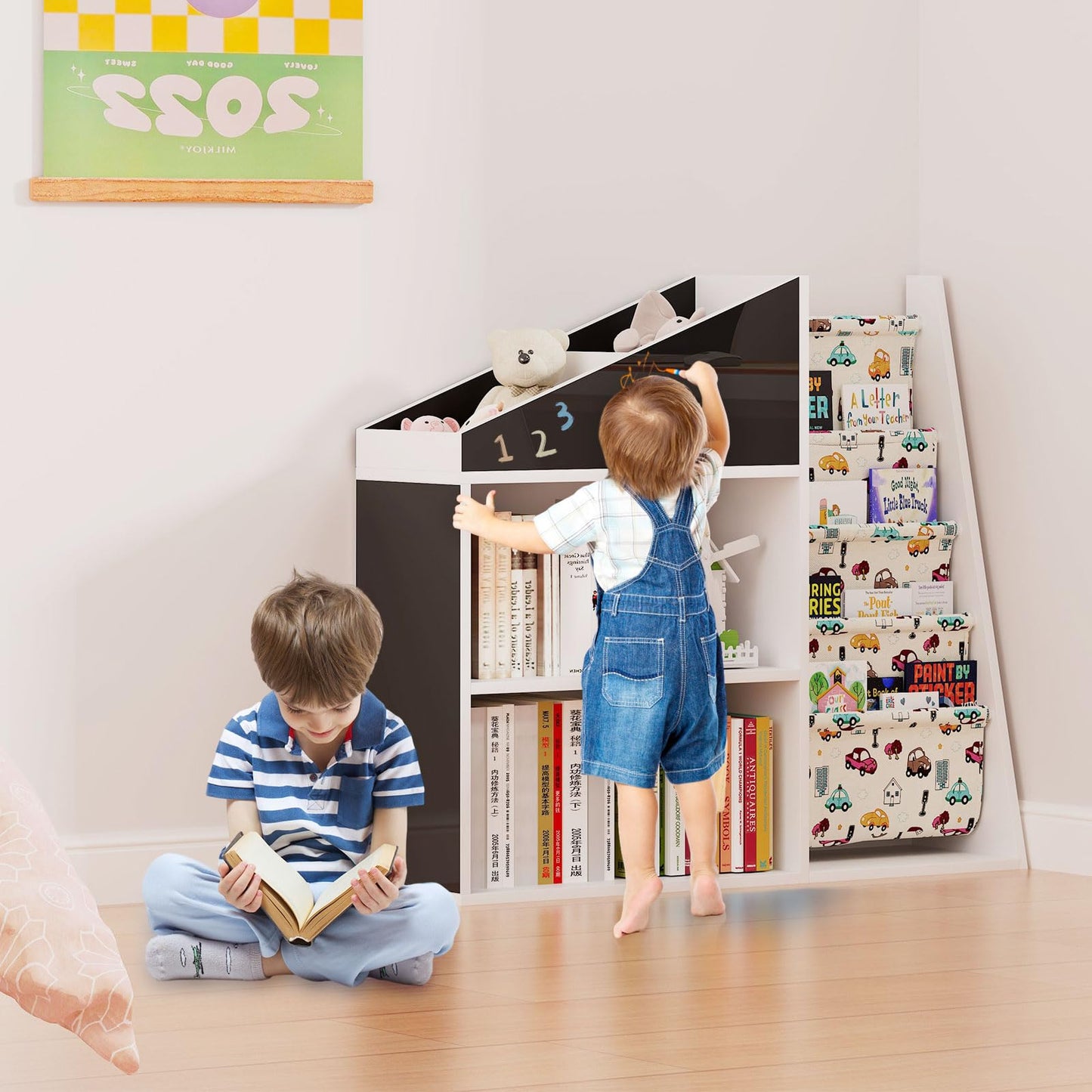 White Kids Bookshelf Wood Toy Storage Organizer Cabinet Children Bookcase Toddler Baby Sling Book Rack 3 Cube Bins Fabric Drawers for Playroom Bedroom Nursery School