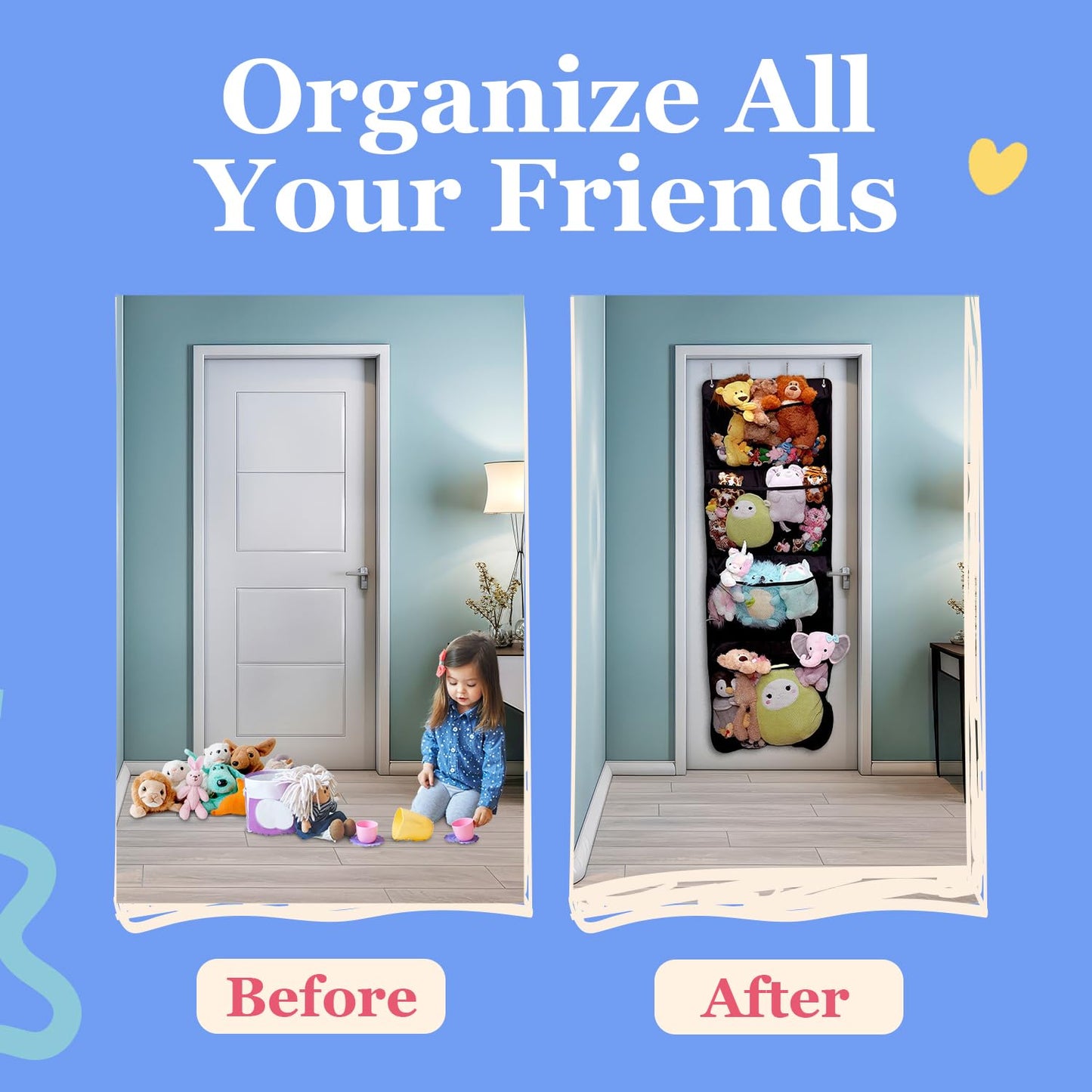 Lilly's Love Corner Stuffed Animal Toy Storage Hanging Organizer | 5 Expandable Mesh Net Pockets, Stores Loads of Plush Toys | Large Plushie Display for Boys, Girls | Pink
