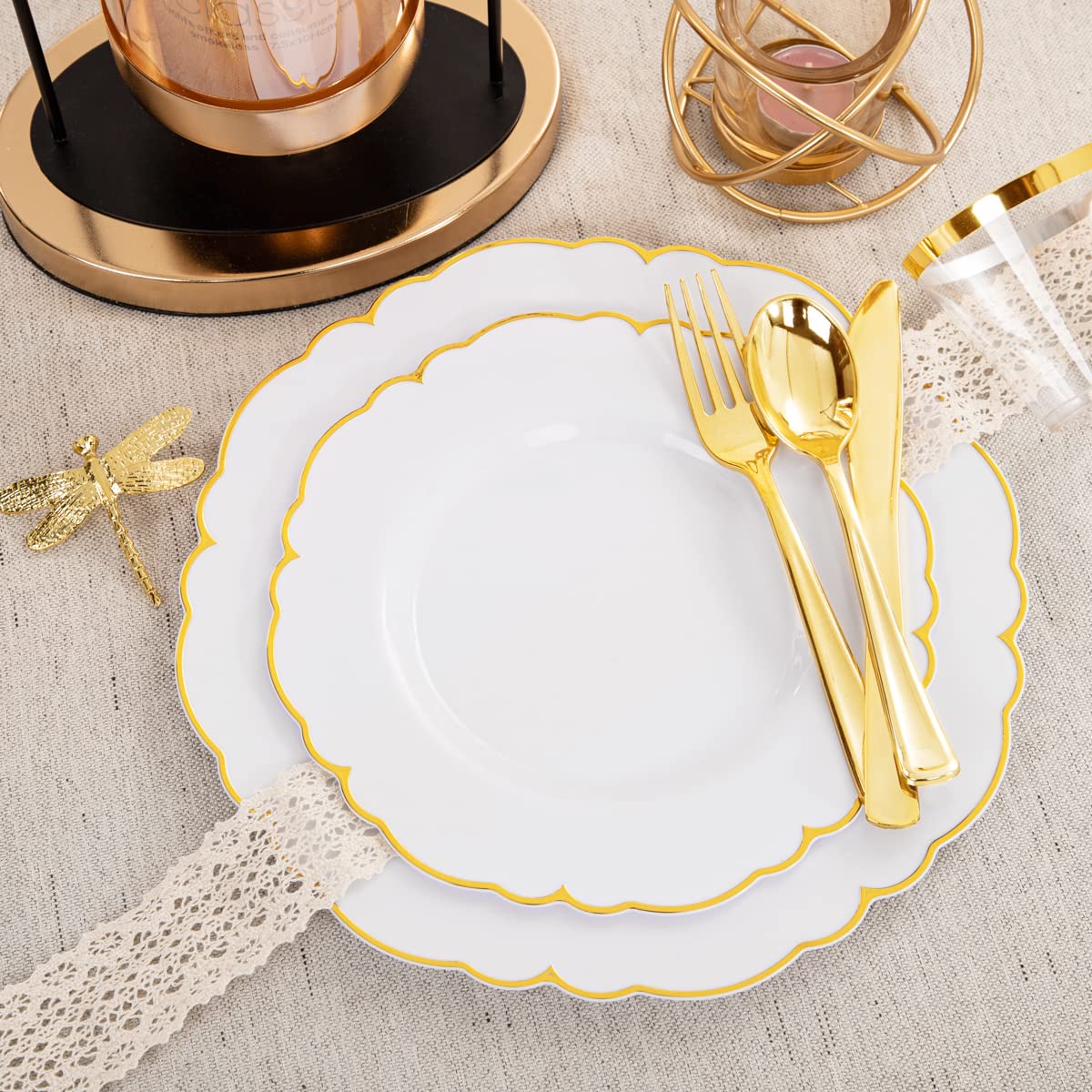 Morejoy 175PCS Rose Gold & Silver Plastic Dinnerware Set: 25 Plates, 25 Forks, 25 Knives, 25 Spoons, 25 Cups, 25 Napkins - Perfect for Wedding & Party