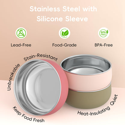 Bella's Friends Stainless Steel Baby Bowls with Silicone Sleeve 3 Pack, 4.3” for Toddlers Kids Feeding, Non-Slip, Non-Toxic, Mess-Free, Dishwasher Safe, Fit High Chair Size, Rose green Khaki