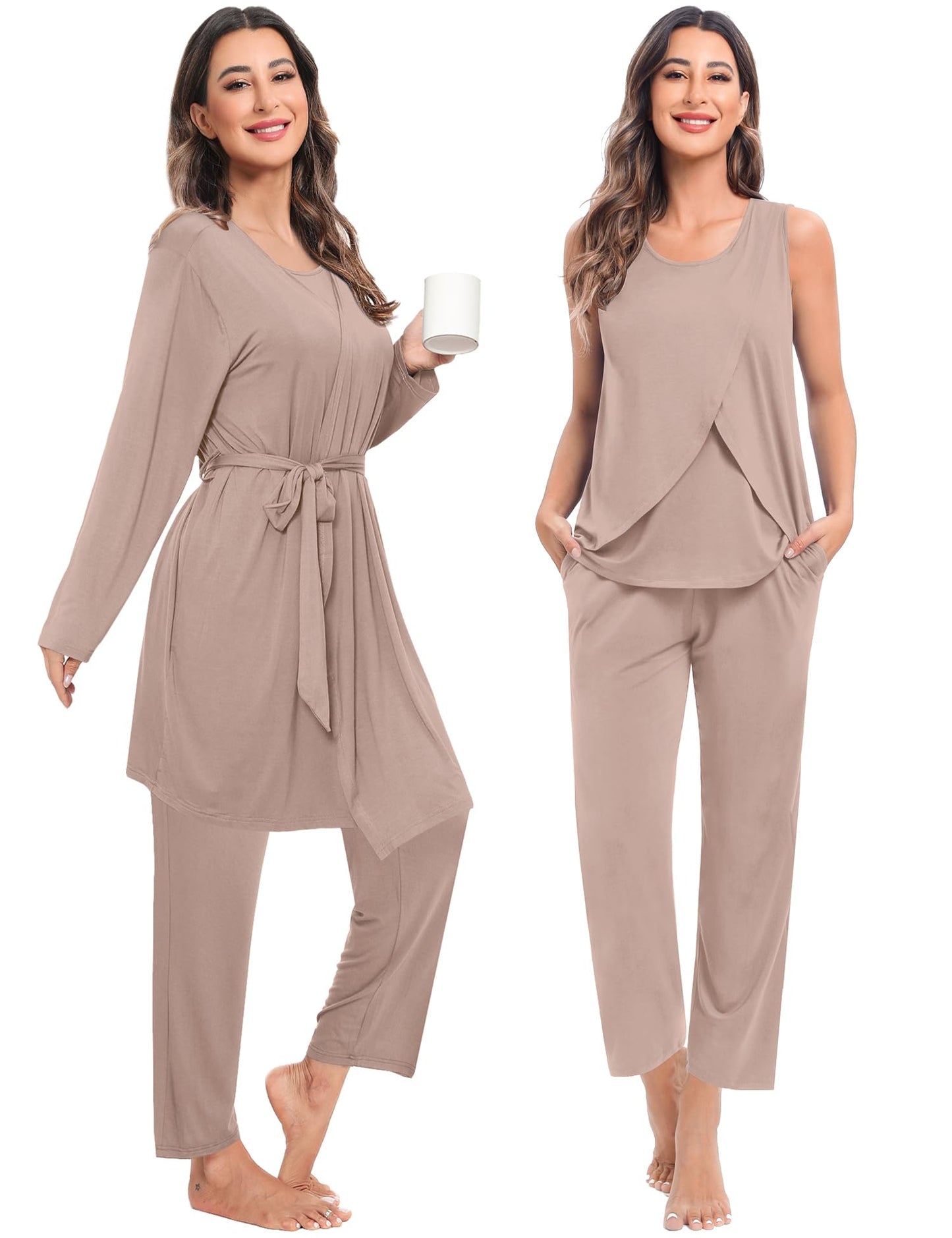 SWOMOG Maternity Nursing Robe Set 3 PCS Postpartum Breastfeeding Pajamas Hospital Pregnancy Pjs Double Layer Lounge Set