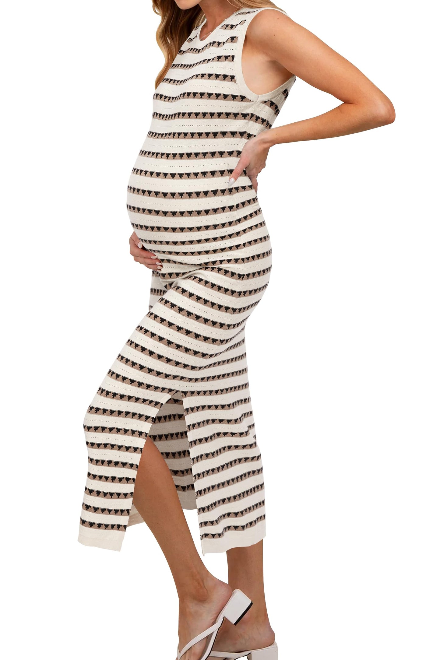 OUGES Women's 2025 Summer Maternity Dress Knit Sleeveless Crewneck Midi Dress Side Slit Striped Bodycon Sweater Dress