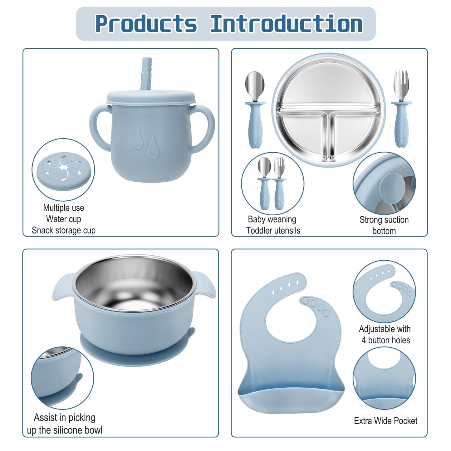 Baby Weaning Bundle, Silicone Baby Feeding Set, Comes with Detachable Silicone Stainless Steel Toddlers Plate and Bowl set, Baby Bib and 2-in-1 Water Cup and spoons (Blue)