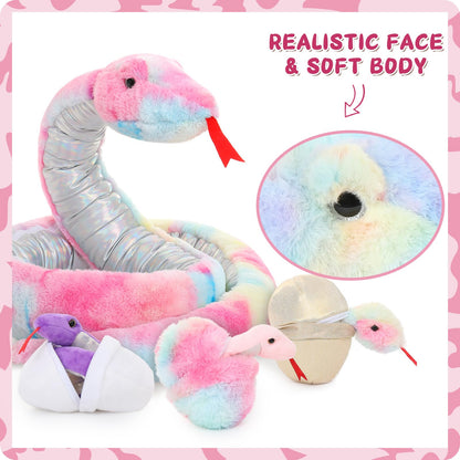 MorisMos Snake Stuffed Animals Plush Toy 120 Inch Giant Snake Plush with Babies Stuffed Snake Toys for Kids Plush Party Decorations Favors Prank Props, 4 Snake Babies, 3 Snake Eggs