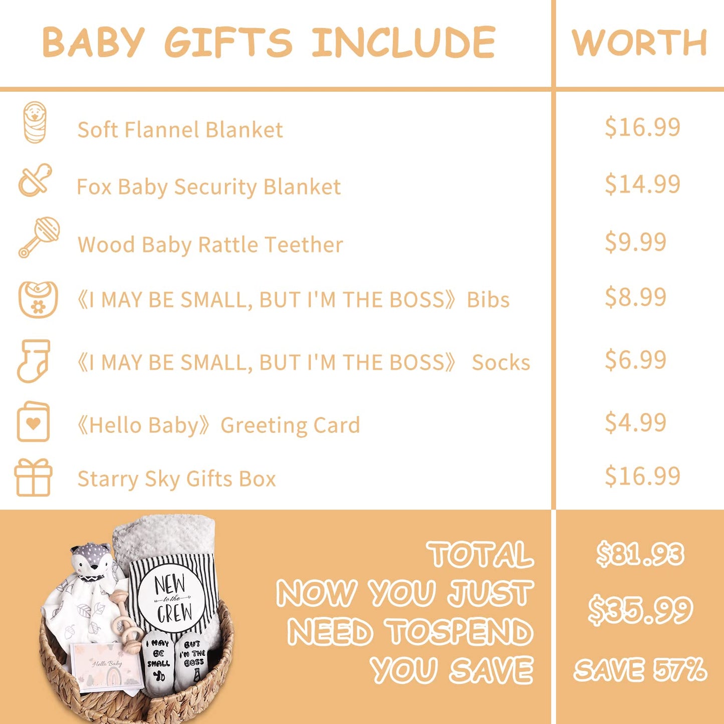 Baby Shower Gifts, Baby Boy Gifts Basket Includes Newborn Blanket Baby Lovey Security Blanket Wooden Rattle Toy, Funny Baby Bibs Socks & Greeting Card - Baby Gift Set Newborn Shower Basket