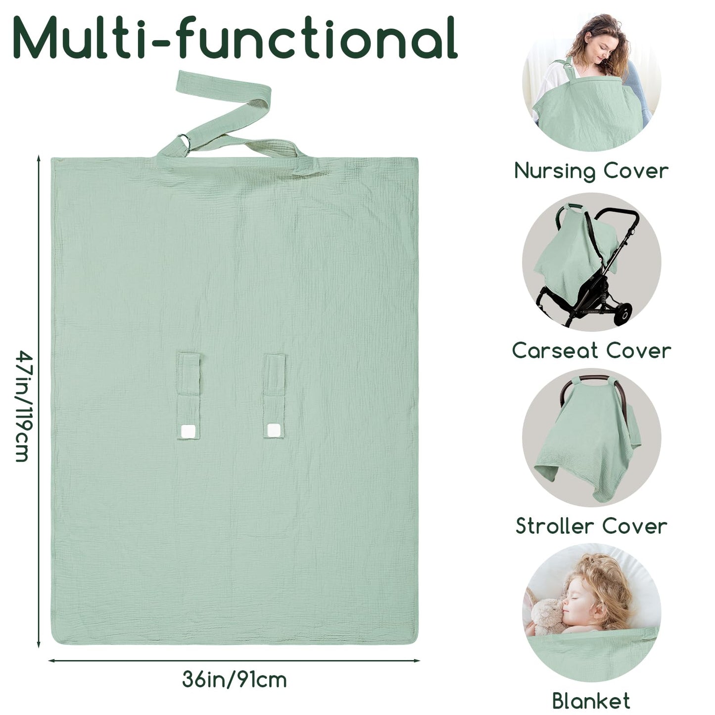 2 in 1 Muslin Infant Car Seat Cover, Multi-Purpose Breastfeeding Covers for Nursing, Breathable Carseat Cover for Baby Girls, Green