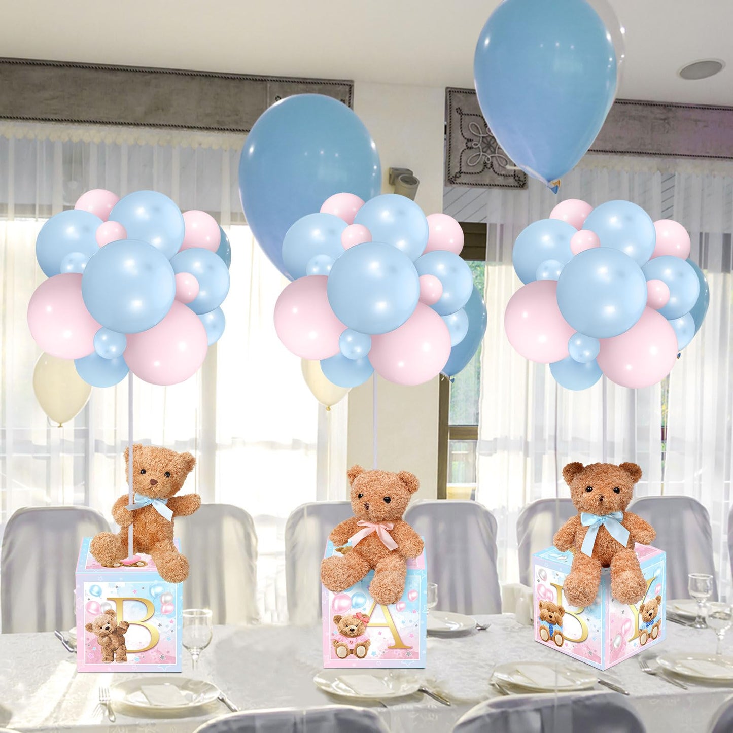 Lenwen 6 Sets Pink Bear Decorations for Baby Shower, Baby Letter Boxes Baby Shower Table Centerpieces Bear Stuffed Animals Balloon with Stand Bear Plush Toy Baby Boxes for Birthday Party Wedding
