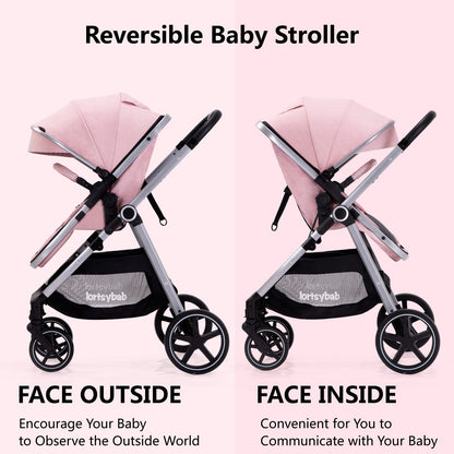 2-in-1 Baby Stroller with Bassinet Mode - Folding Infant Newborn Pram Stroller with Reversible Seat - Toddler Strollers for 0-36 Months Old Babies (Beige)