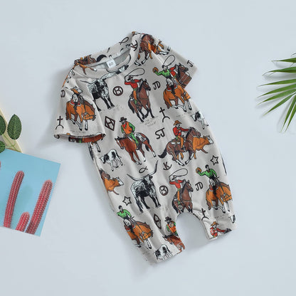 Gueuusu Country Baby Clothes Boy Girl Western Cow Print Short Sleeve Romper Bodysuit Ribbed One Piece Jumpsuit Summer Outfit