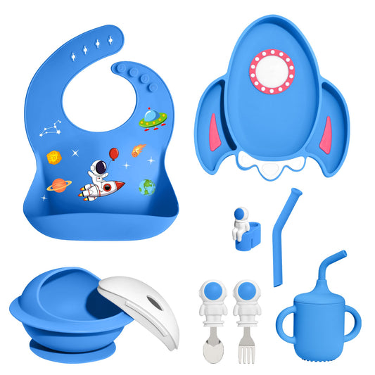8 PCS Silicone Baby Feeding Set, Astronaut Theme, Spoons, Fork, Silicone Bibs, Baby Sippy Cups, Plate Bowl Set Baby Eating Essentials Led Weaning Toddler (Blue)