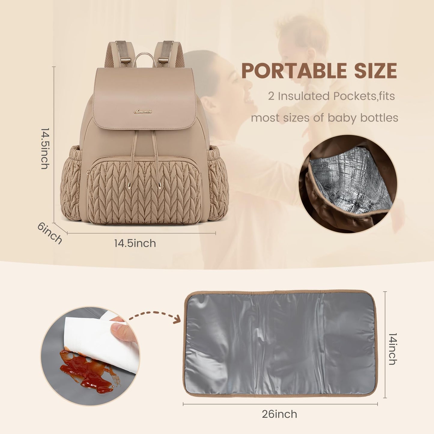 LOVEVOOK Diaper Bag Backpack, Small Baby Bag, Cute Baby Diaper Bag, Stylish Water-Resistant Travel Baby Bag for Mom, Baby Backpack with Changing Pad, Stroller Straps -Khaki