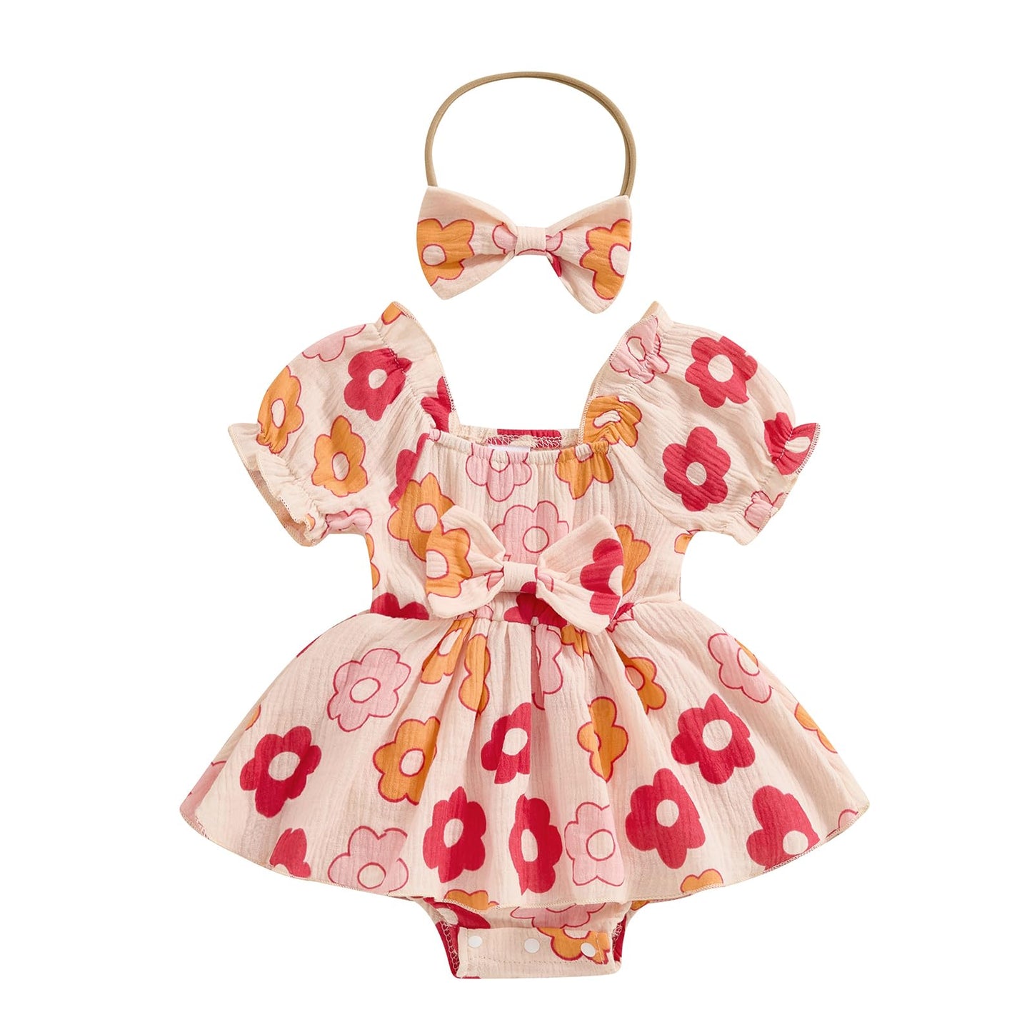 Baby Girls Daisy Romper Bowknot Bodysuit+Headband Short Sleeve Playsuits Floral Jumpsuit Infant Summer Clothes