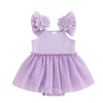 Hnyenmcko Newborn Baby Girl Summer Romper Dress Infant Fly Sleeve Flower Embroidery Mesh Tulle Skirt Hem Ribbed Bodysuit