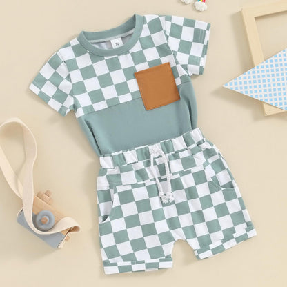 Toddler Baby Boy Summer Clothes Set Short Sleeve Checkered Tops & Shorts Novelty Color Block Outfits