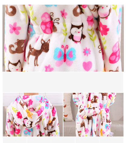 Girls Robes, Plush Soft Coral Fleece Animal Print Hooded Bathrobe for Kids Boys