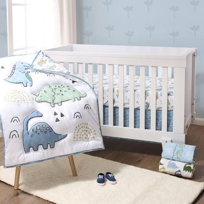 The Peanutshell 5 Piece Baby Crib Bedding Set for Boys - Newborn, Infant & Toddler Nursery Bed Set Decor with Fitted Crib Sheets, Blanket, Dust Ruffle Comforter - Blue Dino