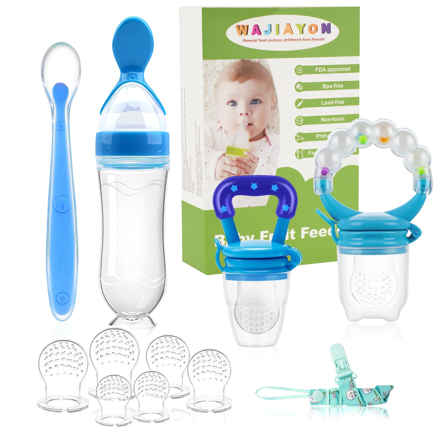 Food Feeder for Baby, Fruit Feeder Pacifier (3 Pcs) with 6 Different Sized Silicone Pacifiers 1 PCS Silicone Baby Food Dispensing Spoon 90ML with 1 PC Baby Spoons 1 PC Pacifier Clip Baby Feeding Set