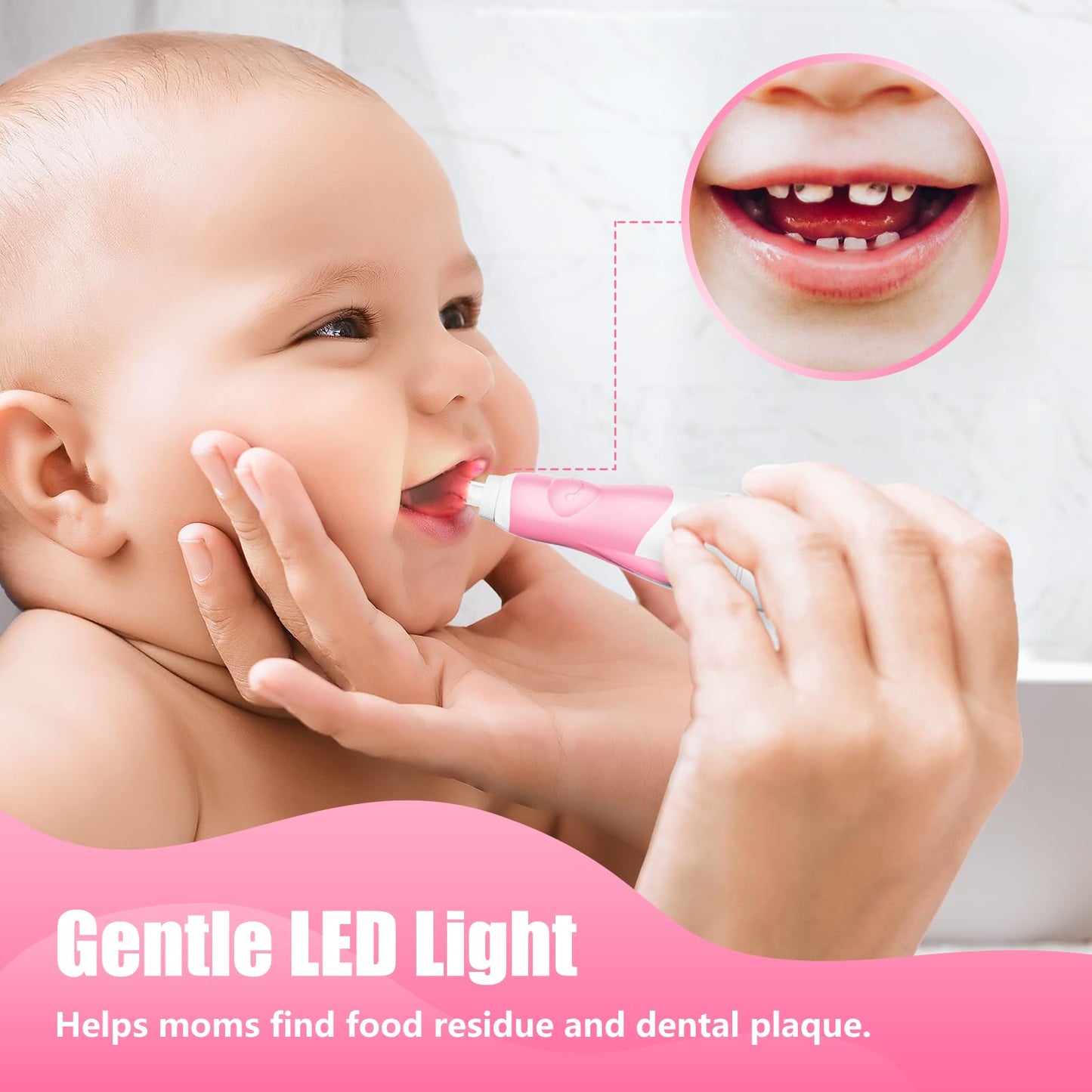 DADA-TECH Toddler Electric Toothbrush Kids Age 1-2-3 Years Old, Baby Electric Toothbrush with LED Light 2 Minutes Timer 4 Vibrating Heads for Infants Toothbrush 6 to 12 Months and Up (Pink Penguin)
