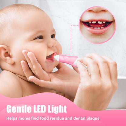 DADA-TECH Toddler Electric Toothbrush Kids Age 1-2-3 Years Old, Baby Electric Toothbrush with LED Light 2 Minutes Timer 4 Vibrating Heads for Infants Toothbrush 6 to 12 Months and Up (Pink Penguin)