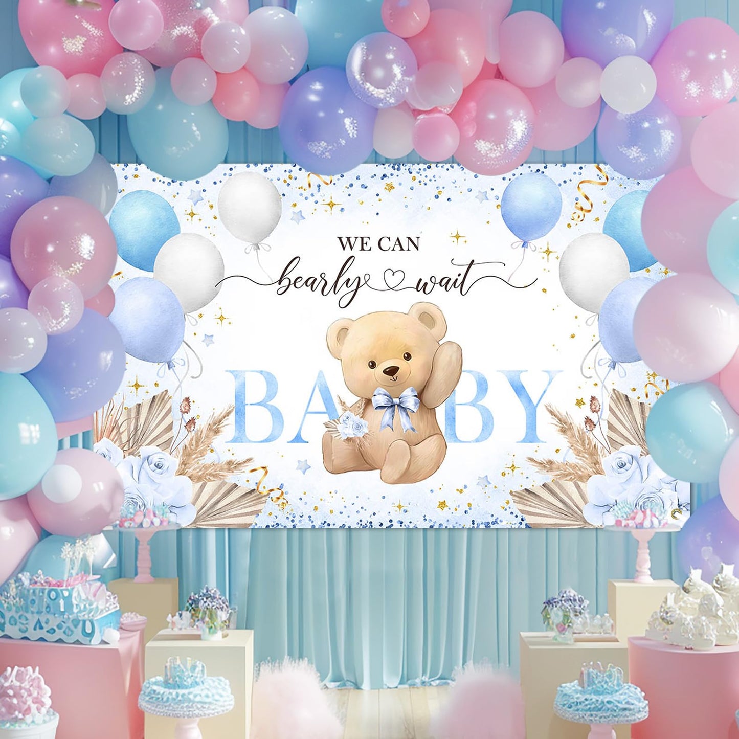 Blue Bear Baby Shower Backdrop 6x3.6 ft We Can Bearly Wait Banner for Boy Bear Baby Shower Decorations Newborn Photo Props Background