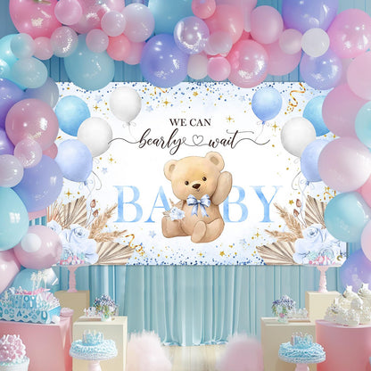 Blue Bear Baby Shower Backdrop 6x3.6 ft We Can Bearly Wait Banner for Boy Bear Baby Shower Decorations Newborn Photo Props Background