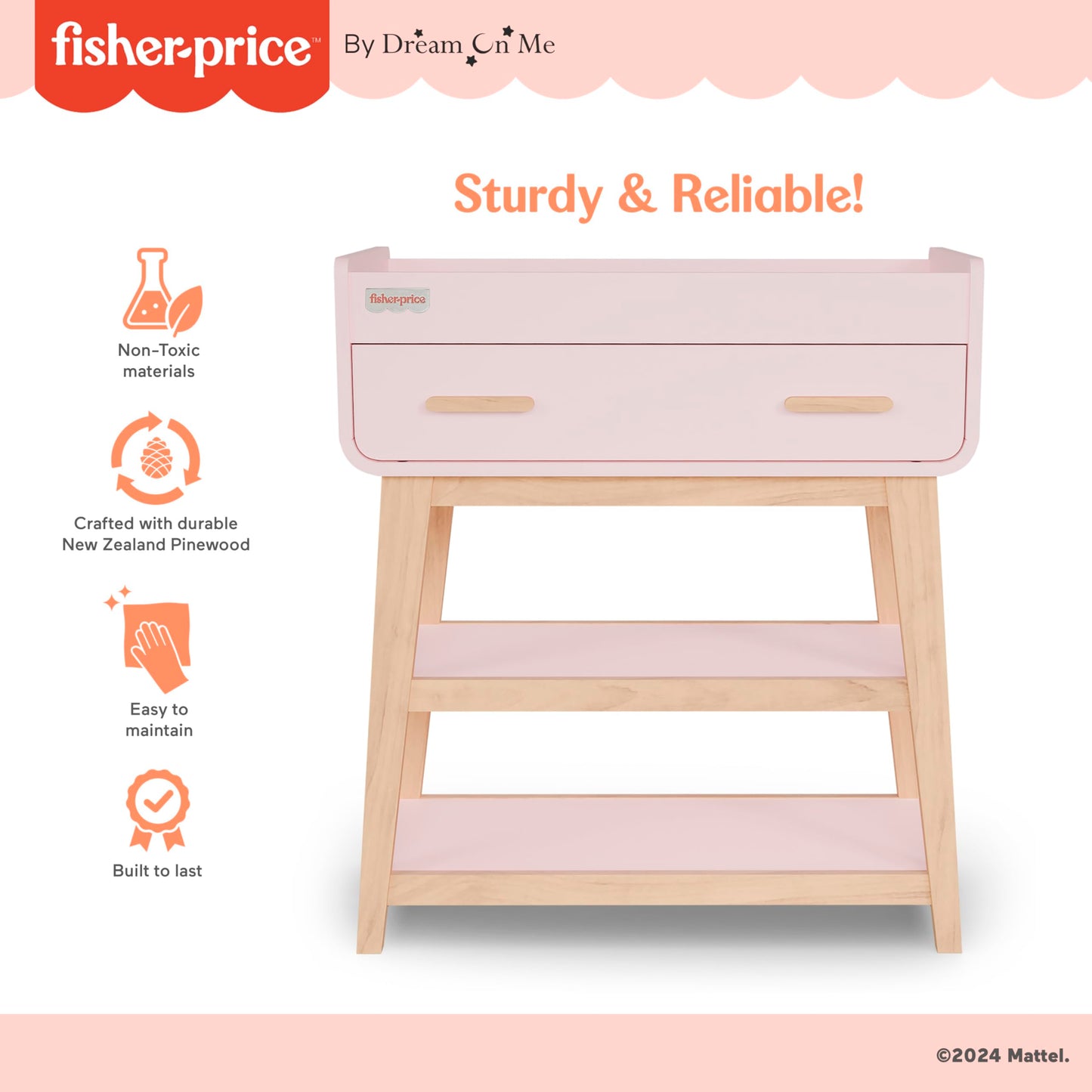 Fisher-Price Iris/Siesta Changing Table by Dream On Me, Blush Pink, JPMA & Greenguard Gold Certified, with a Bottom Closed Drawer and Two Open Shelves for Storage