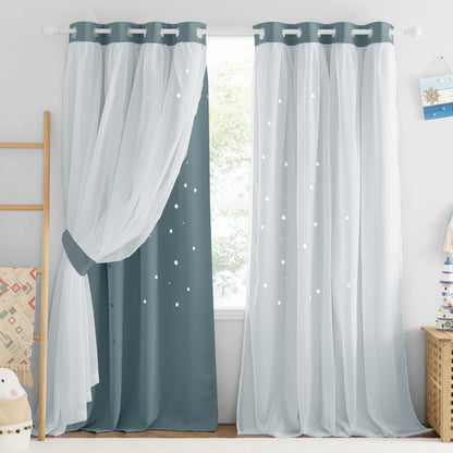 NICETOWN Nursery Curtains for Kids, Farmhouse Blackout Curtain Panels for Bedroom, Double Layer Star Hollow-Out Grommet Aesthetic Living Room Toddler Window Curtains, 2 Pcs, W52 x L84, Biscotti Beige