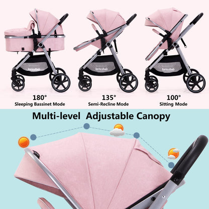 2-in-1 Baby Stroller with Bassinet Mode - Folding Infant Newborn Pram Stroller with Reversible Seat - Toddler Strollers for 0-36 Months Old Babies (Beige)