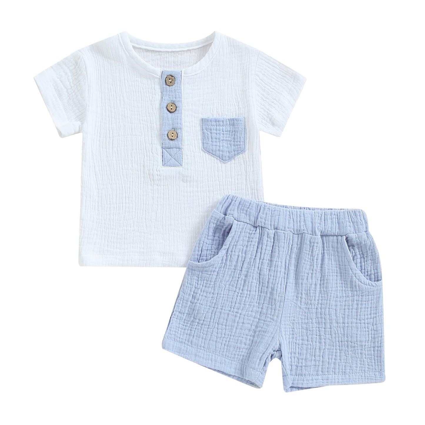 fhutpw Baby Boy Summer Outfits Henley Shirt Soft Pocket Short Sleeve Tops & Shorts Sets Infant 3 6 12 18 Months 2T Clothes