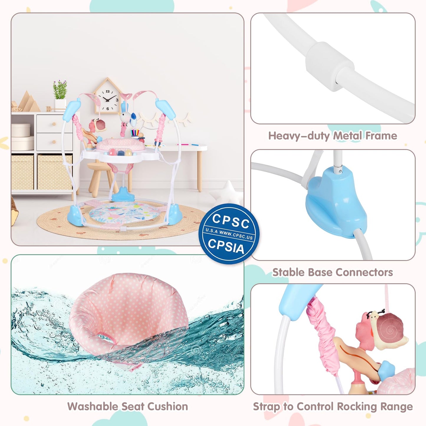 Baby Activity Center, 3-in-1 Baby Jumper, Infant Activity Center with 360° Rotating Seat, Music, Lights, 3 Adjustable Heights, Infant Activity Jumper for 6+ Months JP2401