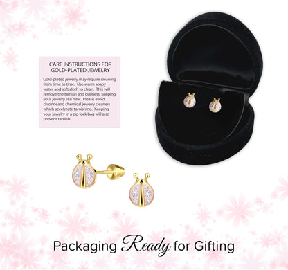 Cherished Moments Children's Sterling Silver or 14k Gold Plated Pink Ladybug Screw Back Earrings for Babies, Little Girls, Kids and Toddlers
