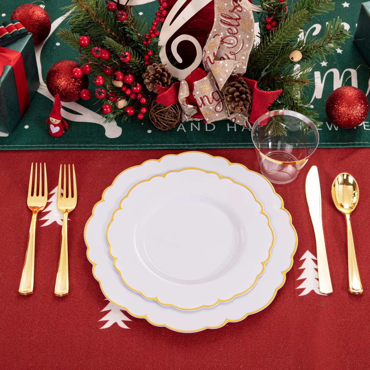 Morejoy 175PCS Rose Gold & Silver Plastic Dinnerware Set: 25 Plates, 25 Forks, 25 Knives, 25 Spoons, 25 Cups, 25 Napkins - Perfect for Wedding & Party