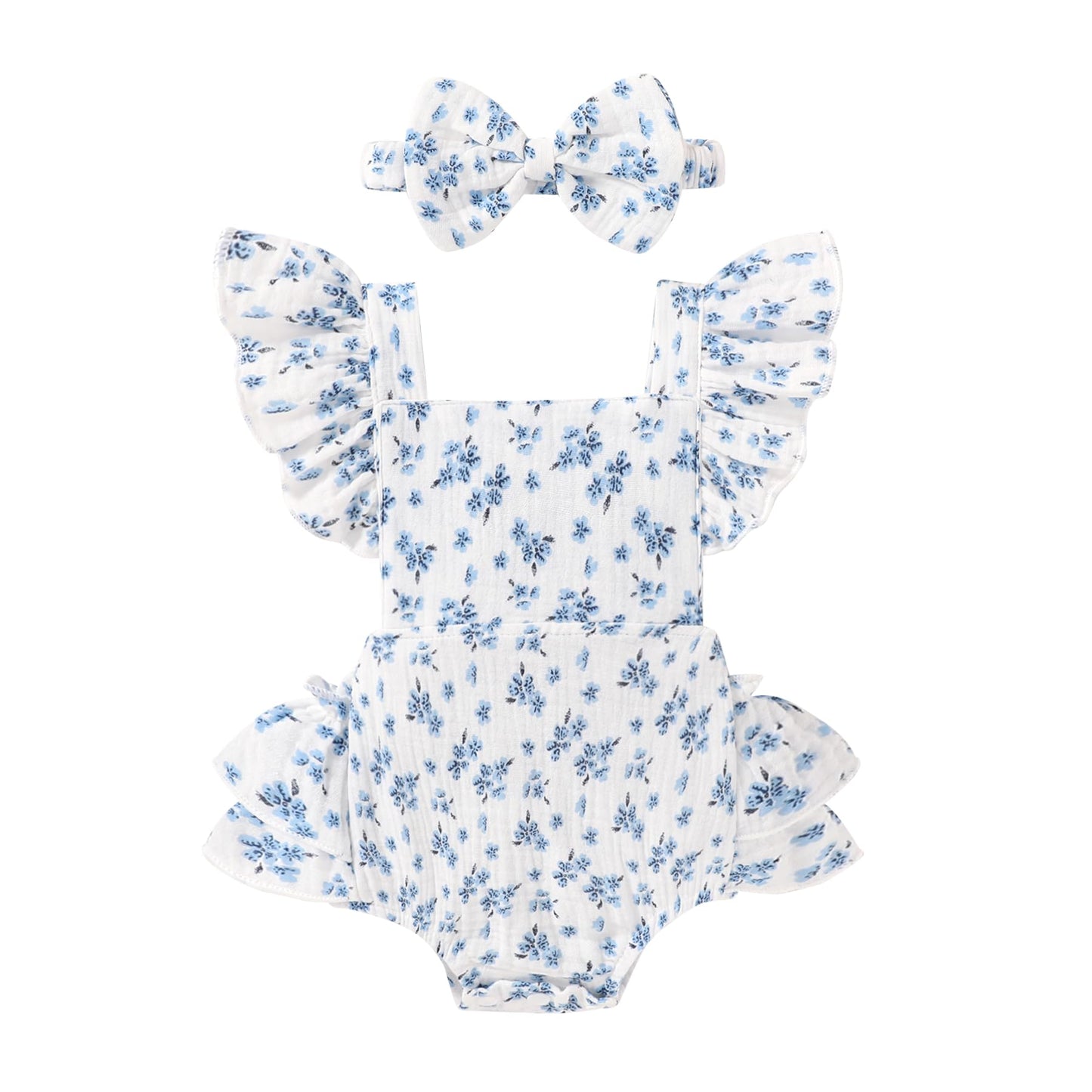 Happy Town Baby Girl Clothes Toddler Summer Linen Romper Sleeveless Ruffle Outfits Infant Girls Jumpsuit with Headband