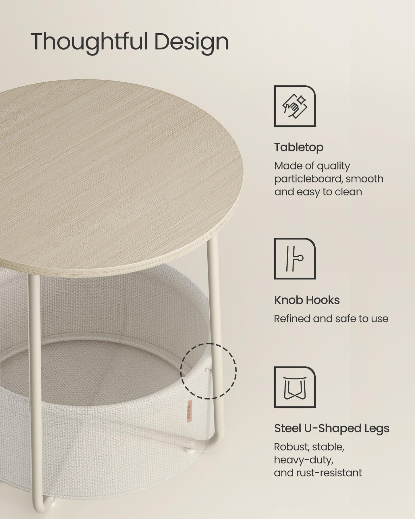 VASAGLE End Table, Small Bedside Table with Fabric Basket, Modern Nightstand, Round Side Table, for Living Room, Bedroom, Matte White and Camel Brown ULET223W10