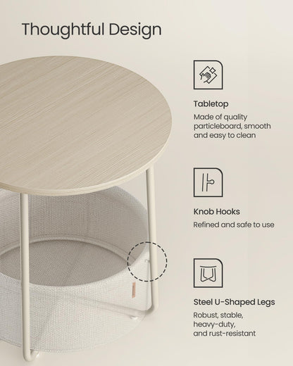 VASAGLE End Table, Small Bedside Table with Fabric Basket, Modern Nightstand, Round Side Table, for Living Room, Bedroom, Matte White and Camel Brown ULET223W10