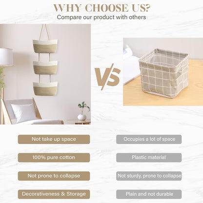 TeoKJ Over the Door Hanging Basket, 3-Tier Woven Cotton Wall-Mounted Storage Organizer Bag Decorative Hanging Nursery Baskets - Jute