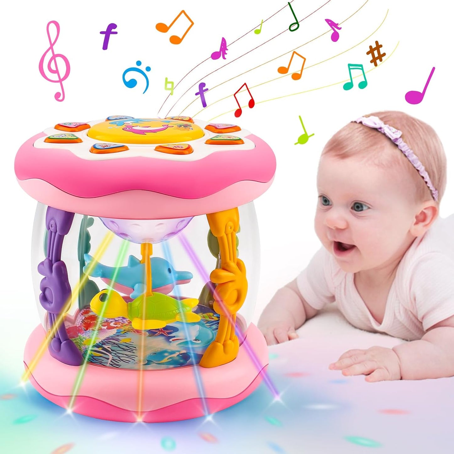 Baby Musical Light Up Toys 0-6 Months Tummy Time Ocean Projector Rotating Infant 0-3 3-6 7 8 9 Months Learning Crawling Pink Toys Babies 6-12 Month Girls 1 2 3 Year Old Birthday Newborn Gifts